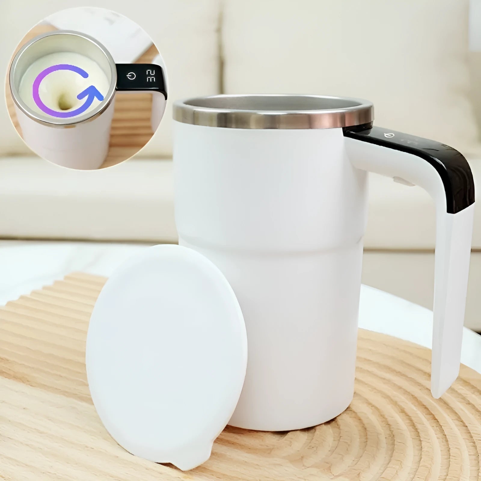 Black and white USB rechargeable electric stirring mug with LCD screen showing temperature, next to its magnetic stirrer.