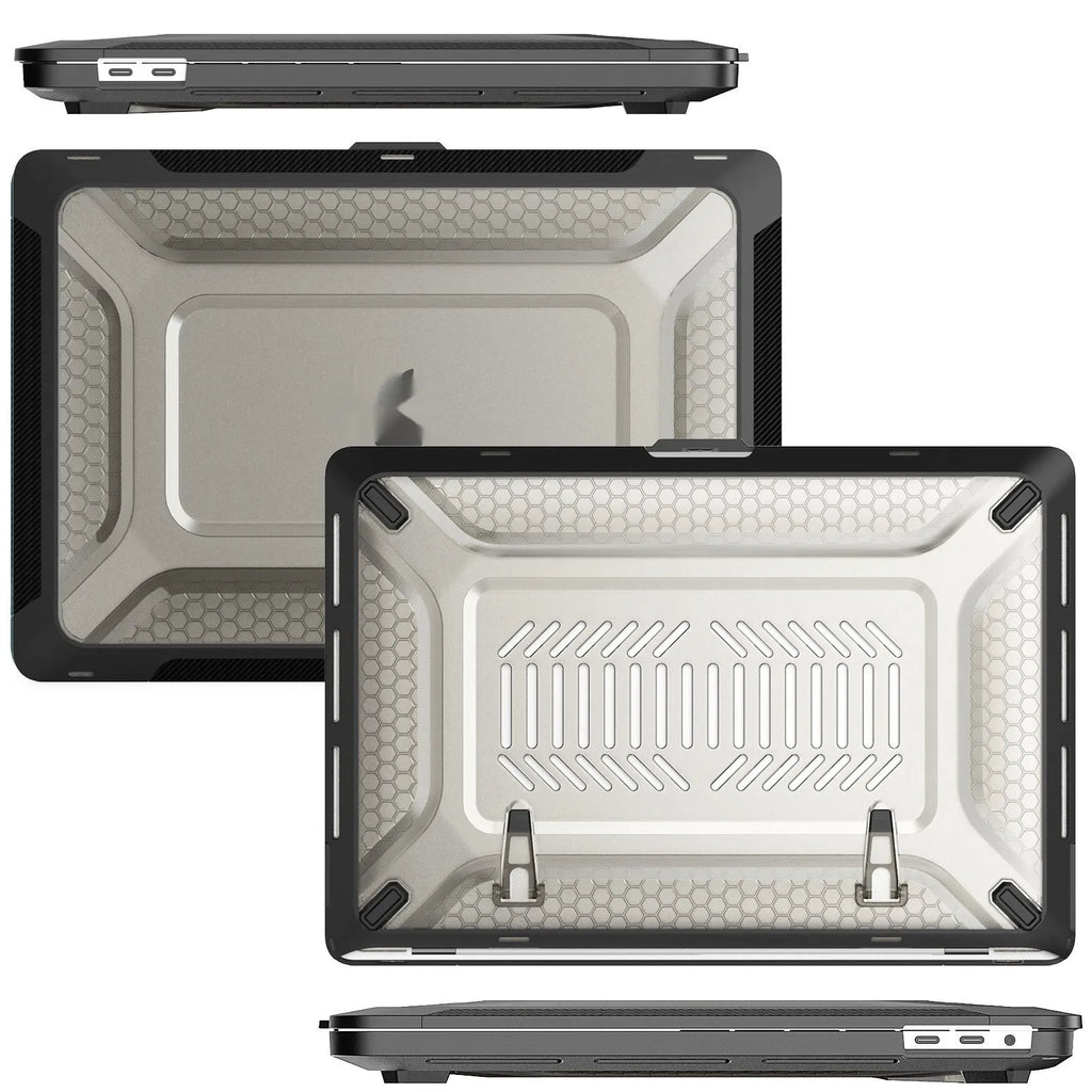 MacBook protective shell case in four colour options showing compatibility with Air and Pro models