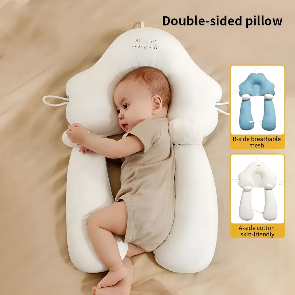 Blue and white U-shaped baby head shaping pillow with a pure cotton cover