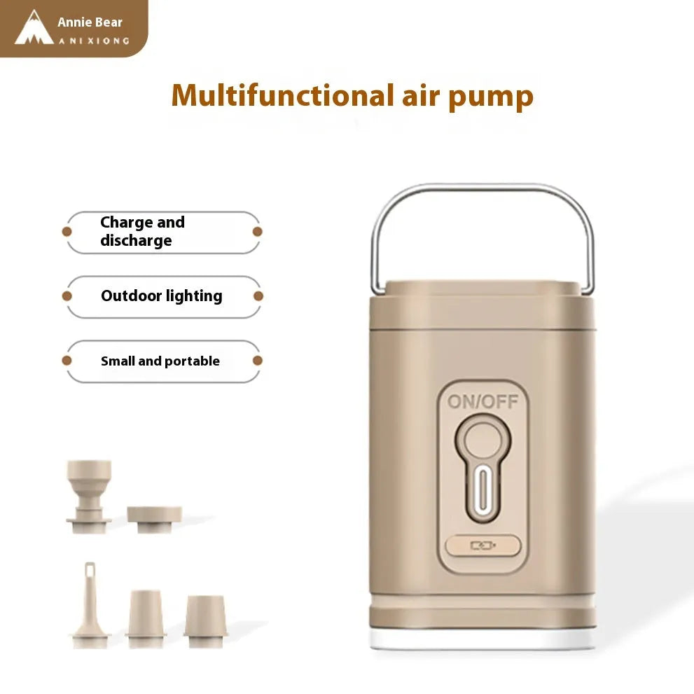 Compact multifunctional camping air pump with integrated LED light and USB charging port