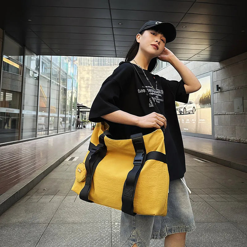 Oxford cloth travel shoulder bag with coin purse in black, grey, or yellow colour options