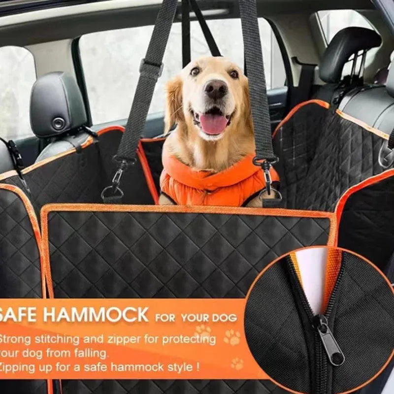 Oxford cloth car pet mat in orange edge double pocket design placed on rear seat