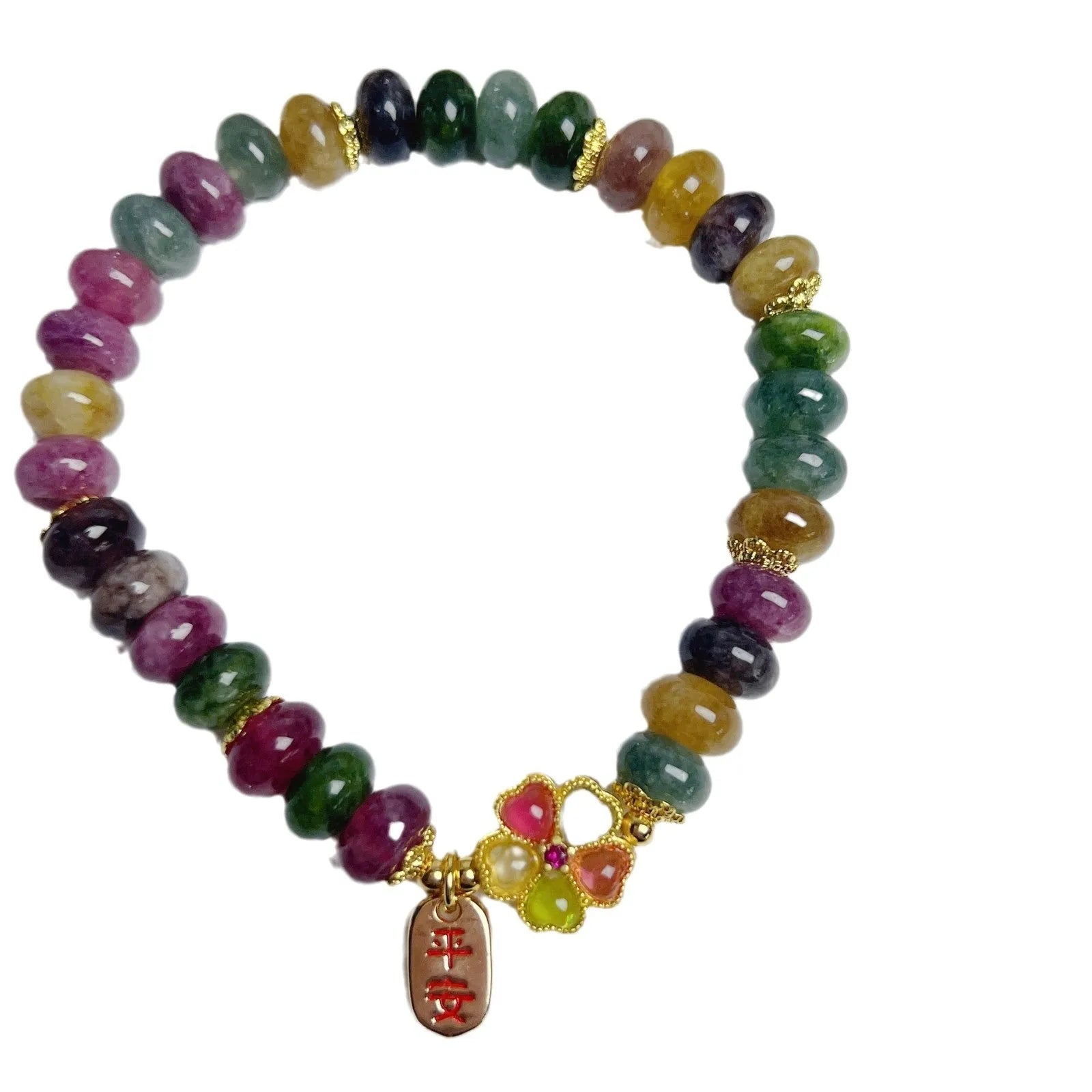 Women's colourful tourmaline abacus bead bracelet with artificial crystal components