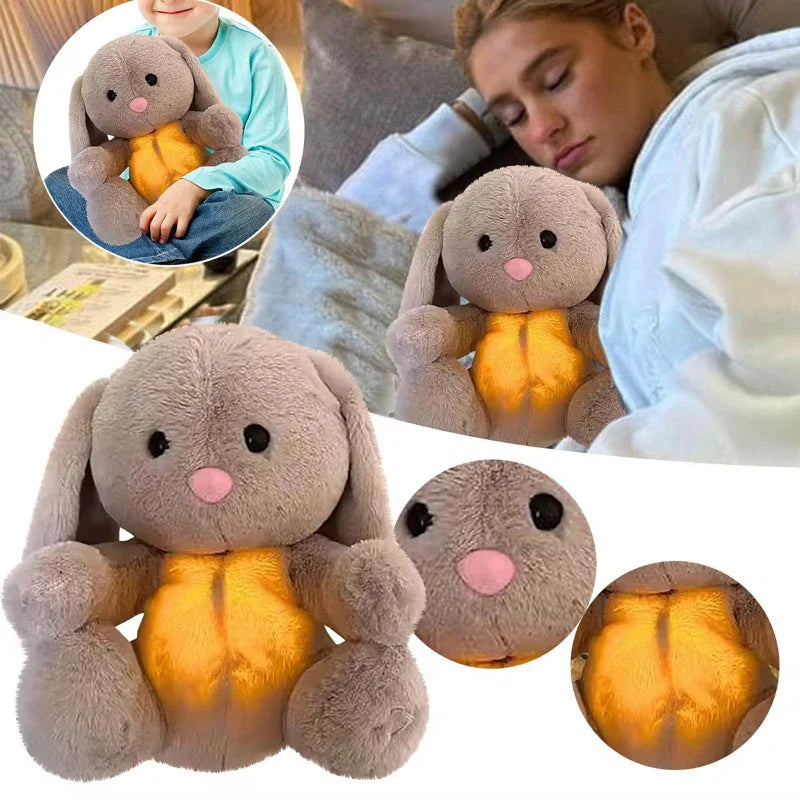 A soft, plush bunny toy with a rhythmic breathing motion and calming lights designed to soothe and comfort newborns and infants.