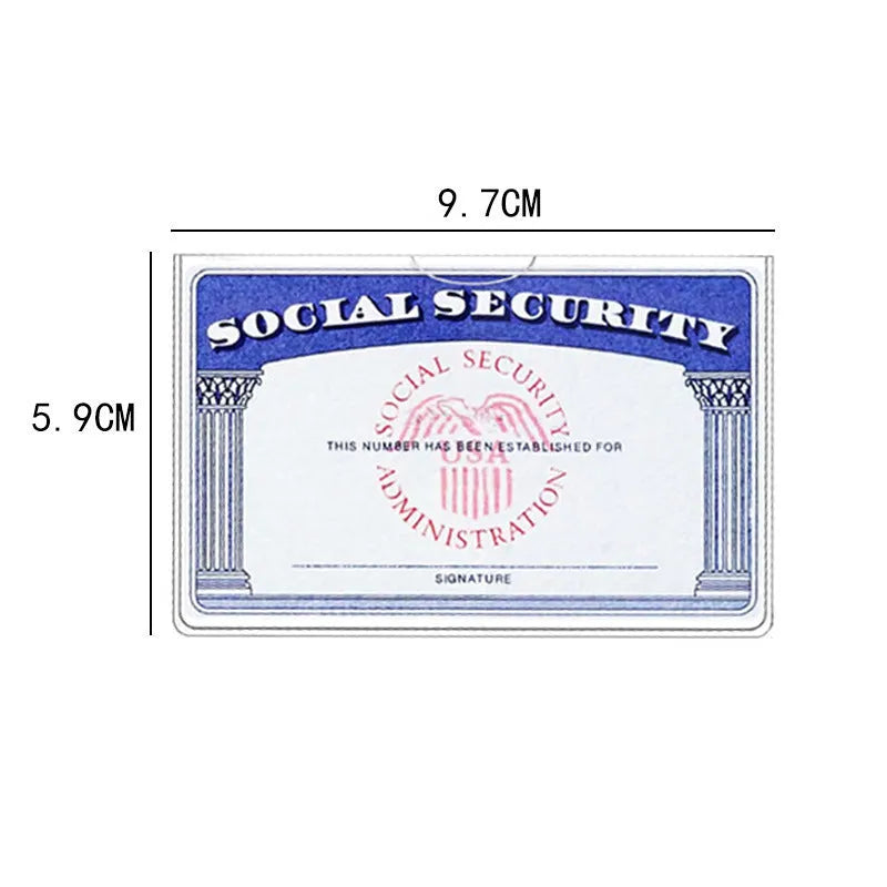 Transparent PVC social security card holder showing dimensions of 9.7 by 5.9 centimetres