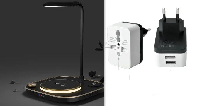 Black three-in-one wireless charging station with 15W fast charging and optional desk lamp on a wooden desk.