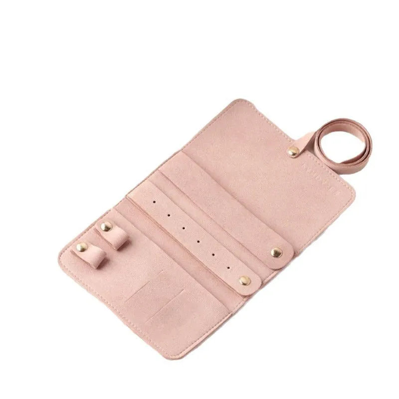 Brown PU leather jewelry storage bag with microfiber lining for earrings and rings