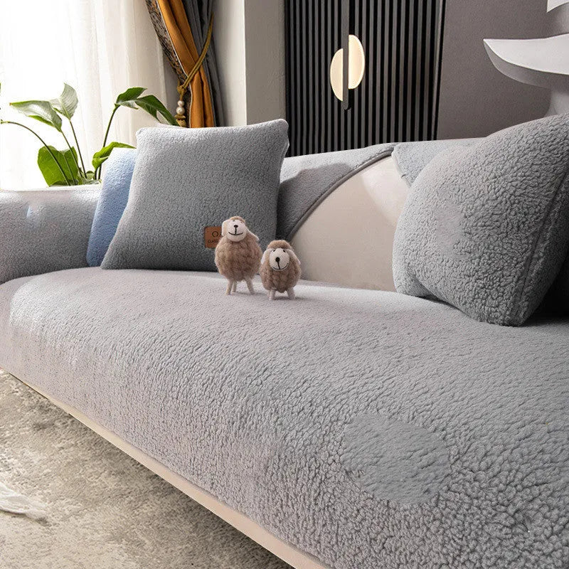 Non-slip solid colour flannel sofa cushion in Cornus Powder, Cream White or Hazy Grey, sizes 70x70cm to 110x240cm