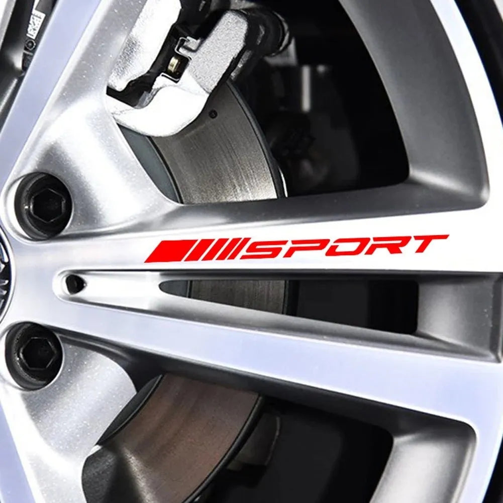 Hollow sports design car rim sticker in red, black, or white for wheels and handles.