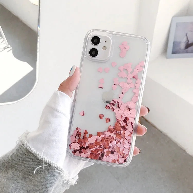 Quicksand flowing love silicone phone case transparent bumper TPU for iPhone Pink Red Silver