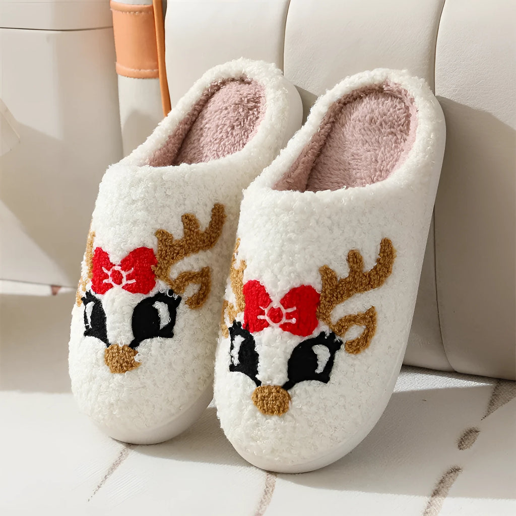 Christmas deer slippers for women, fox pattern, non-slip TPR sole, plush upper, round toe indoor home footwear