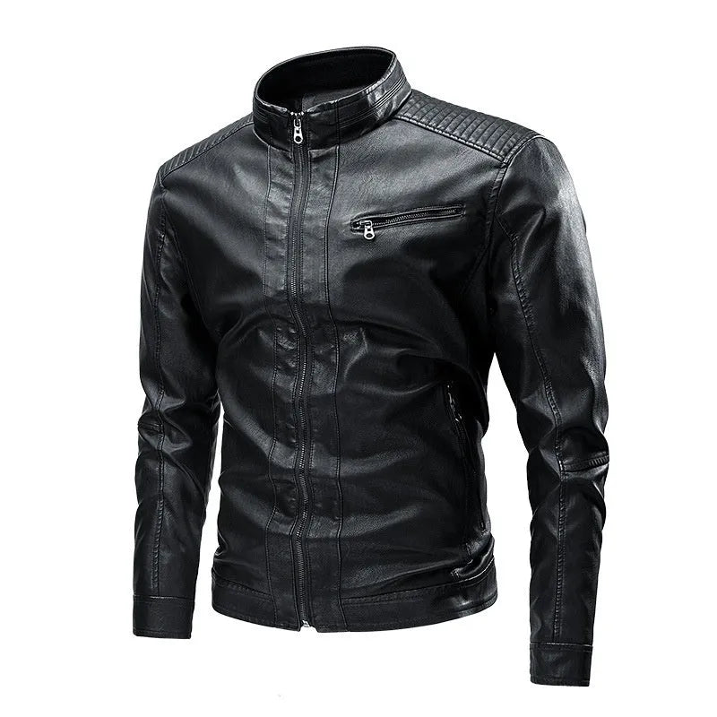 Men's PU leather motorcycle jacket with retro stitching, straight hem, available in black brown khaki and bright yellow