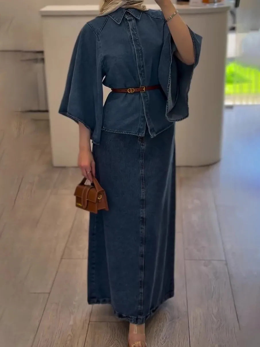 Denim cape top and maxi skirt set in plain design, regular fit, inelastic denim, sizes XS to 2XL