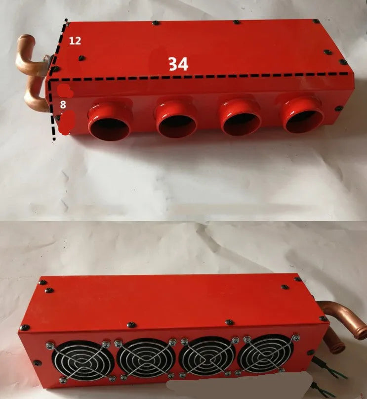 Compact metal car heater with four copper pipe connections for small vehicle engine waste heat system