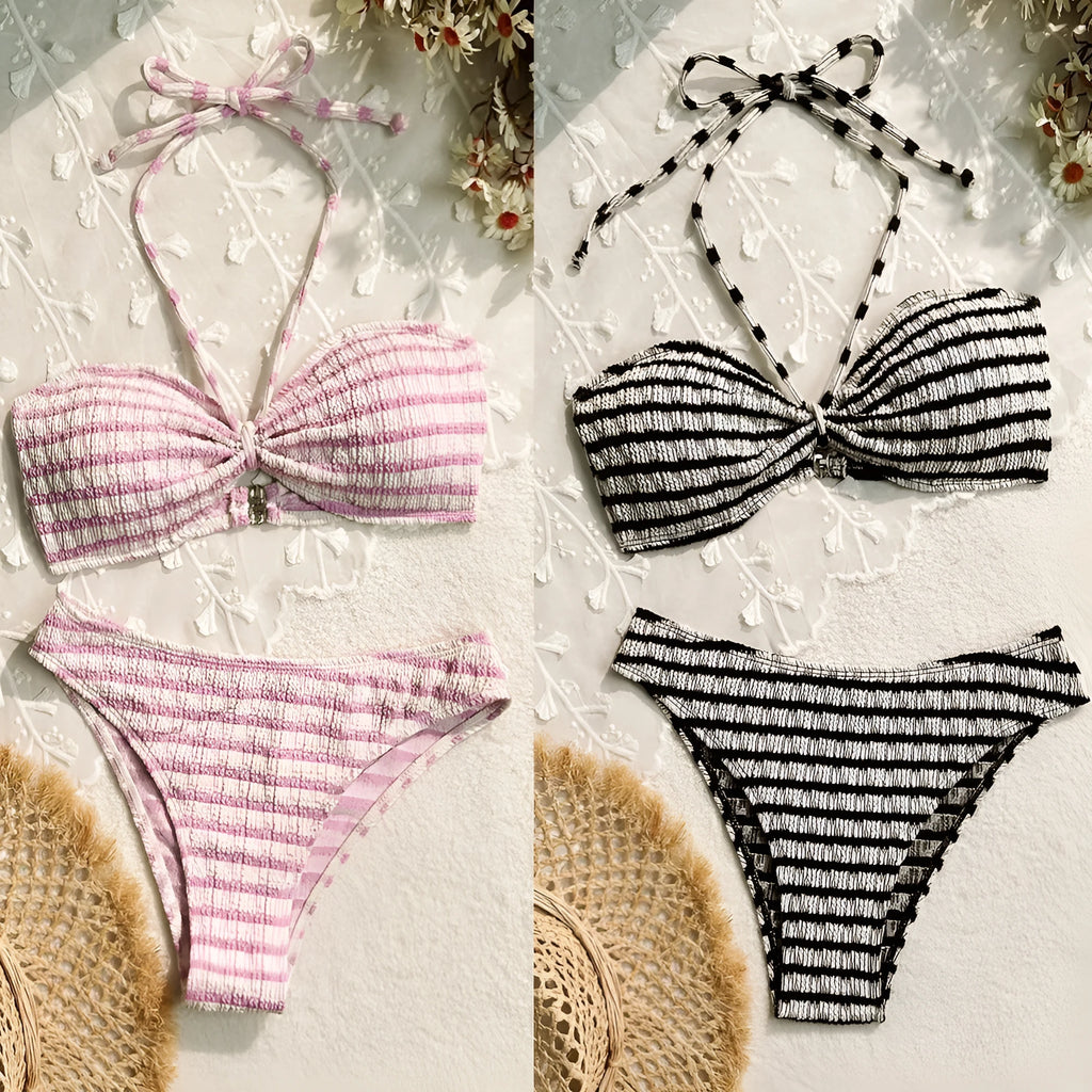 Women's pink and black striped printed bikini swimsuit, briefs style