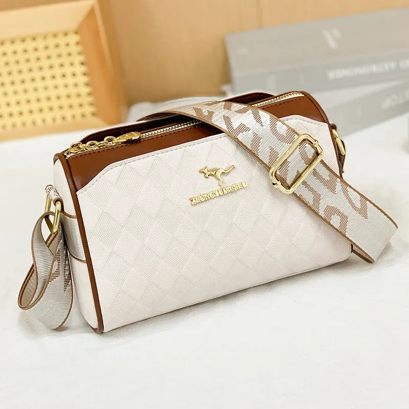 Soft PU leather messenger bag with sewing thread detail, 23x14x11cm, available in black and white