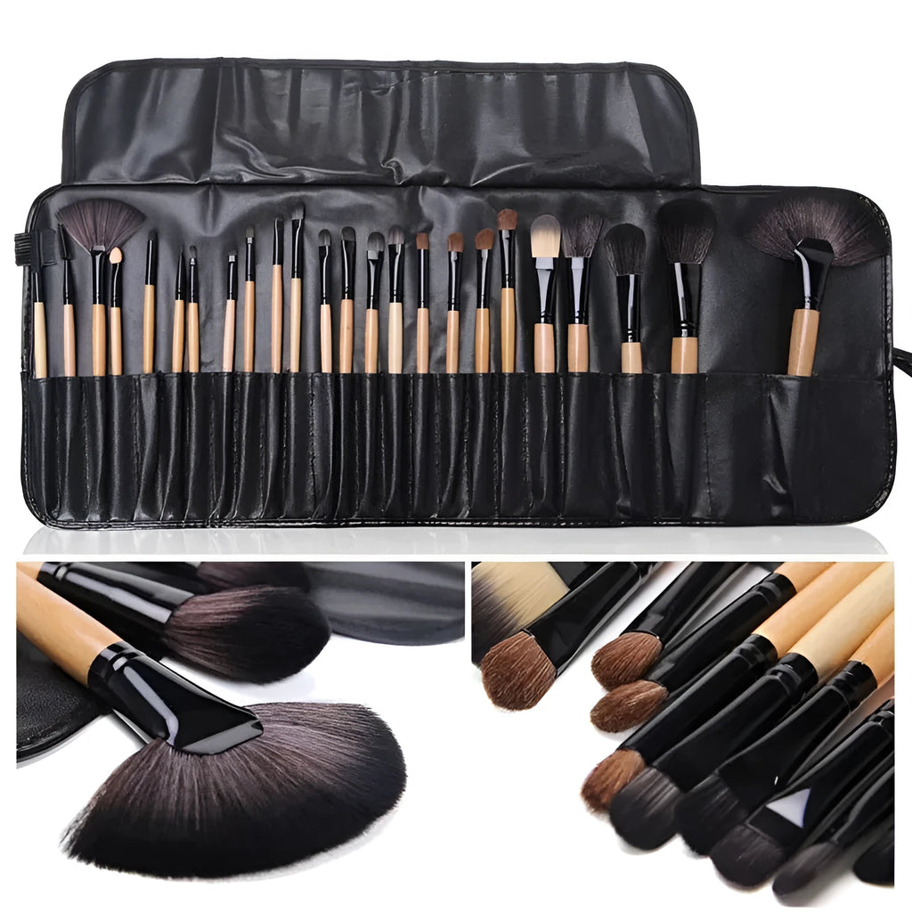 24 piece professional makeup brush set with wooden handles in PU gift bag