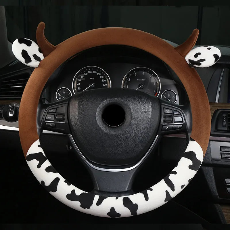 Black plush car steering wheel cover with 38cm diameter measurement