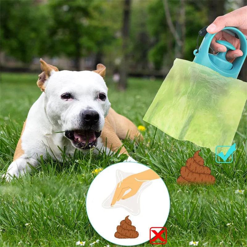 Blue portable dog pooper scooper with built-in bag dispenser and eight-claw shovel