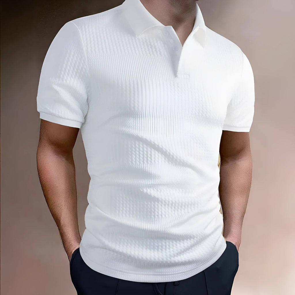Man wearing a striped loose-fit polo shirt with an asymmetric design in light blue.