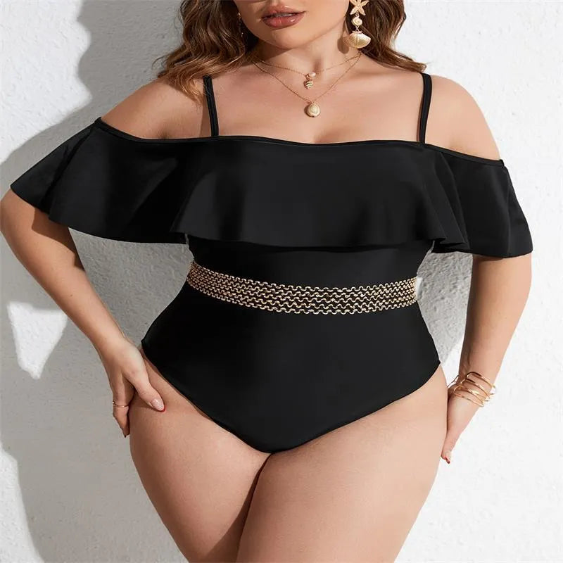 Black women's one-piece swimsuit on hanger showing front and back views