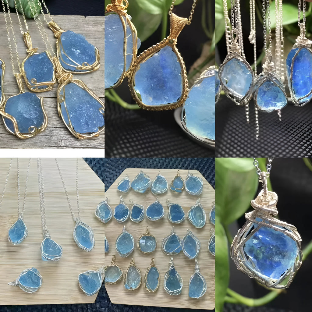 Natural raw aquamarine stone pendant hand-wrapped in gold copper wire with starry sky design
