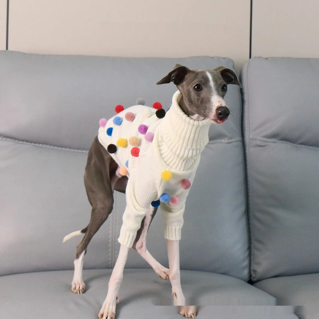 White pom pom Christmas sweater for Italian Greyhound or Whippet, unisex acrylic knit jumper