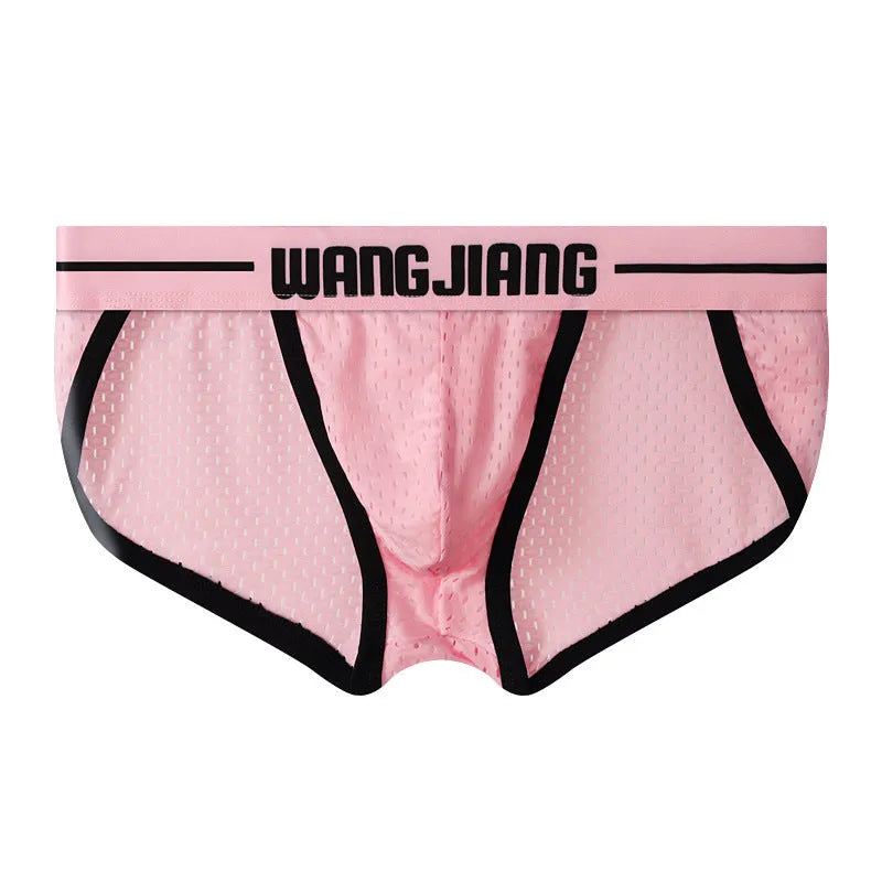 Men's black Ice Silk triangle briefs with mesh breathable fabric on a solid background.