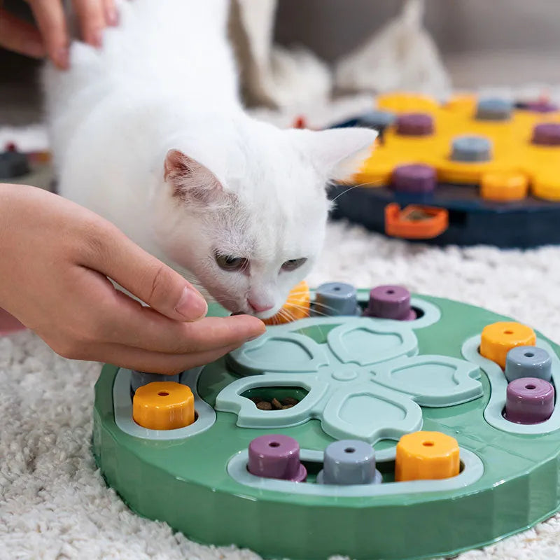 Blue interactive dog feeding toy with slow food plate design for educational mealtime enrichment