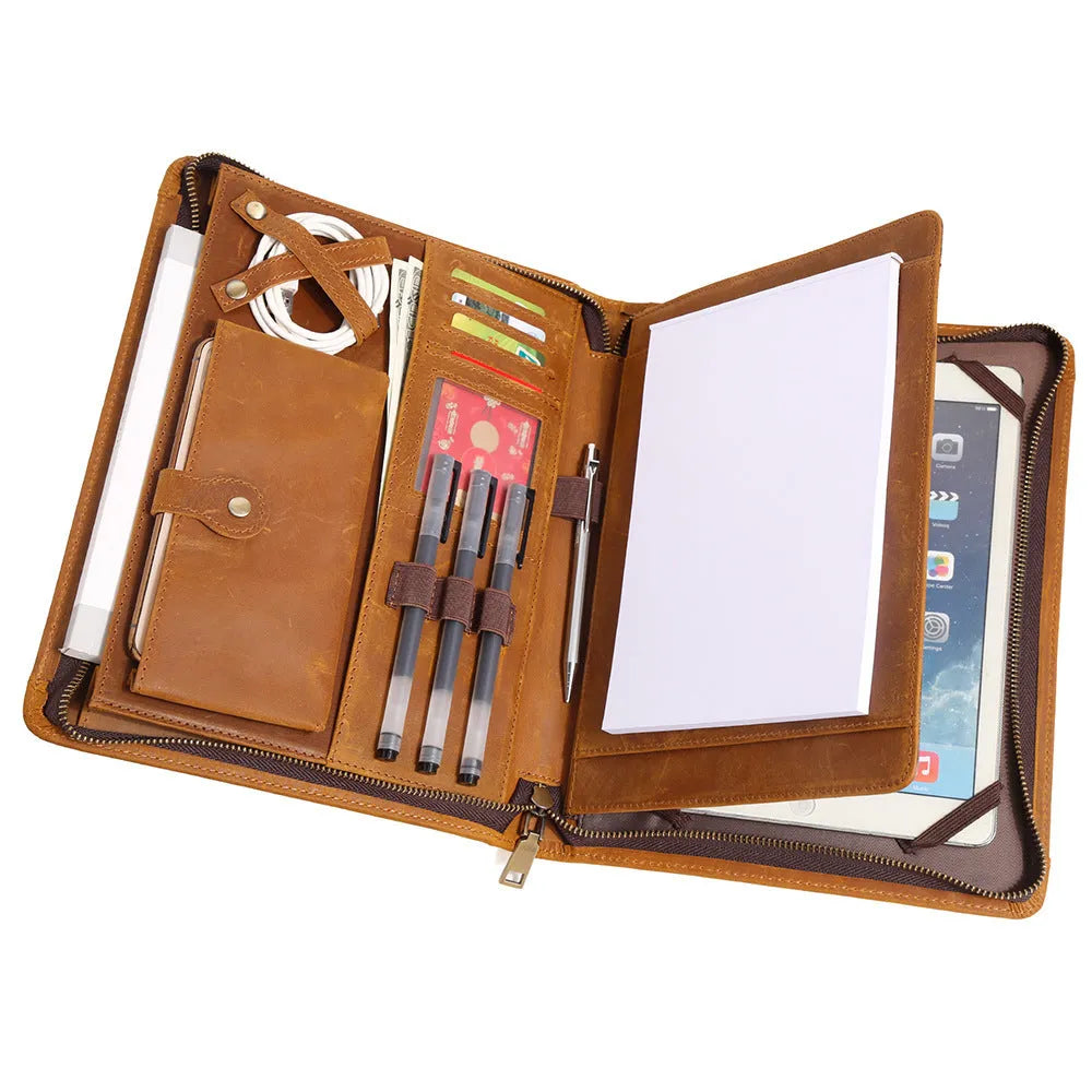 Genuine cowhide leather computer protective case with organisational compartments.