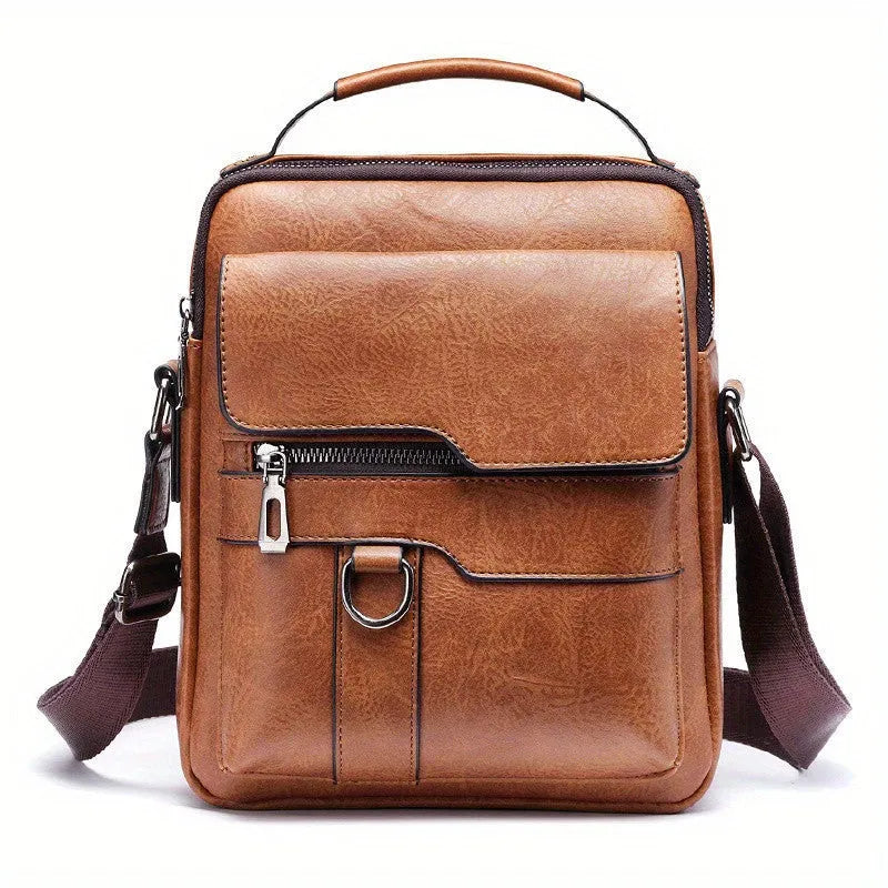 Brown men's PU leather crossbody shoulder bag with adjustable strap, top handle, multiple pockets, and card holder wallet.