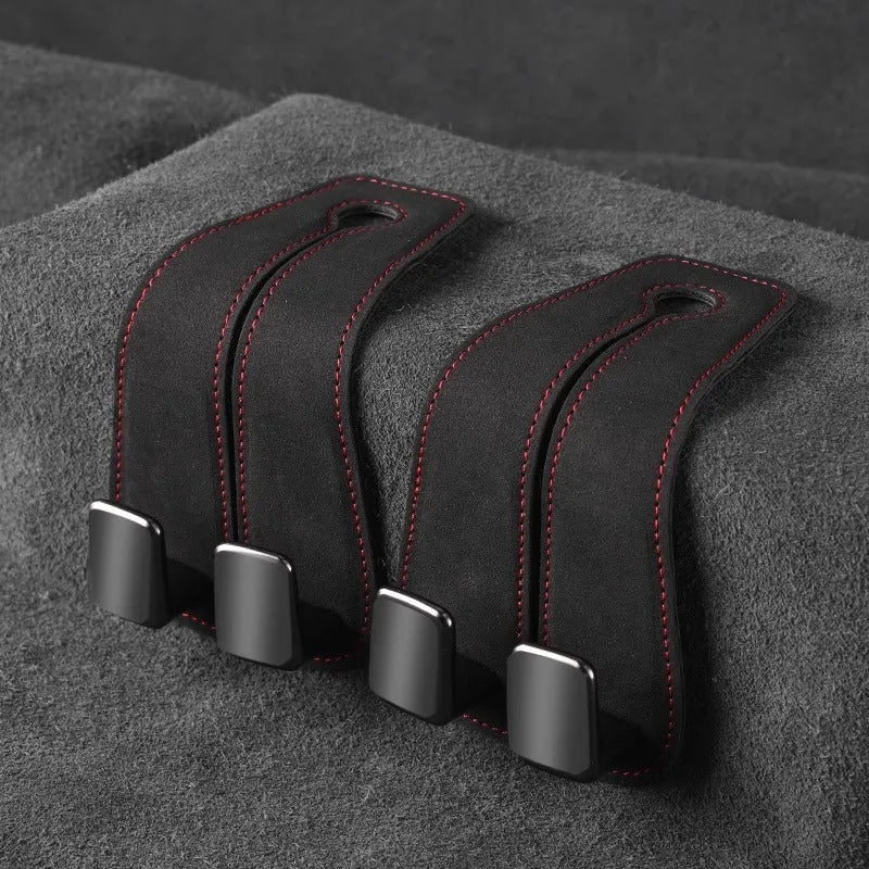 Alloy car seat hook with suede padding in various colour options for vehicle storage