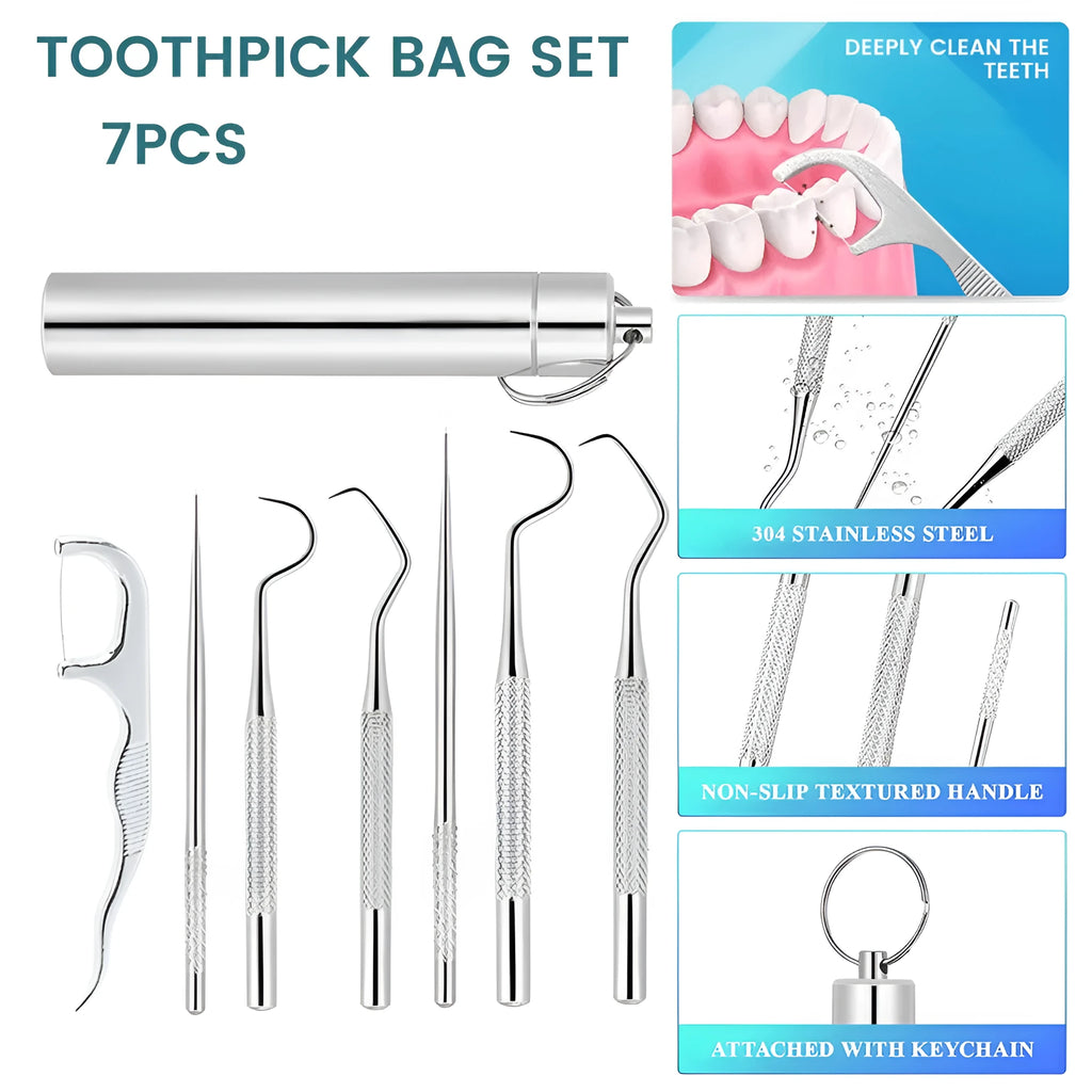304 stainless steel toothpick set 7 pieces short and long teeth cleaning tool with dental floss stick in white cylinder