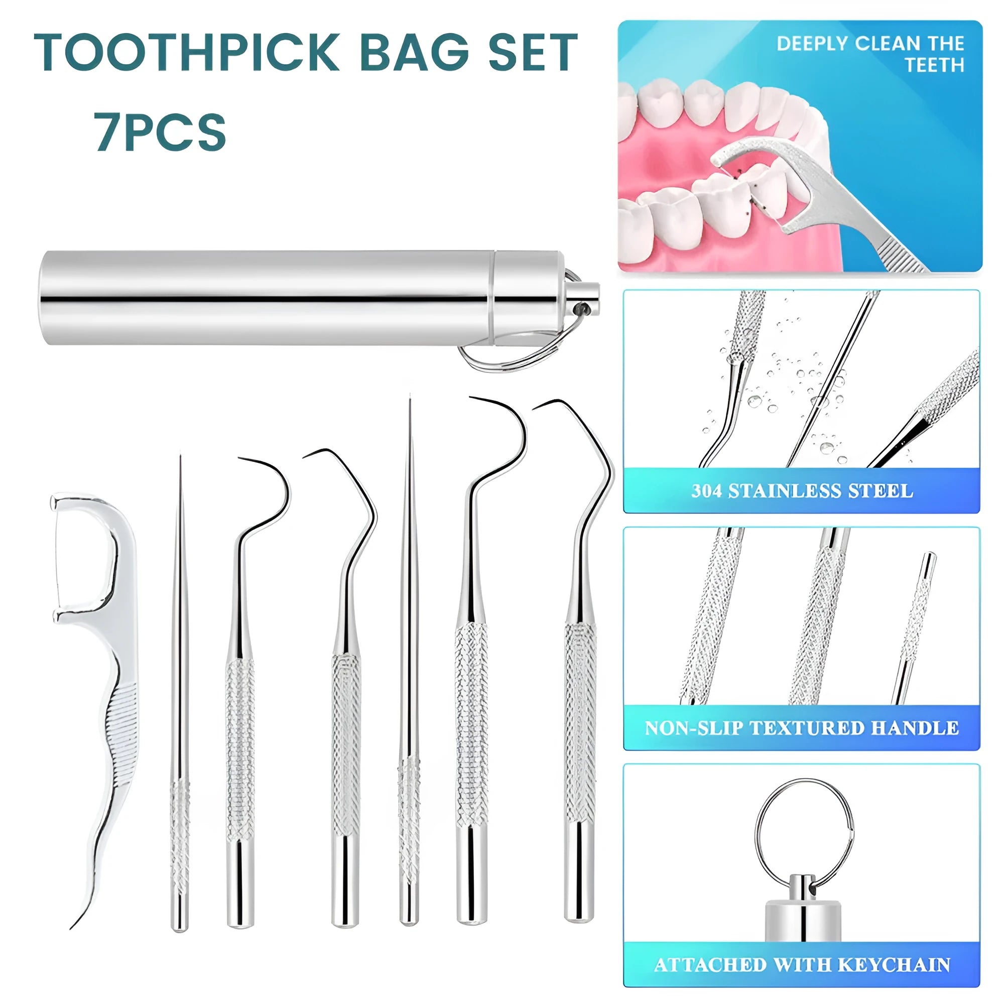 304 stainless steel toothpick set 7 pieces short and long teeth cleaning tool with dental floss stick in white cylinder