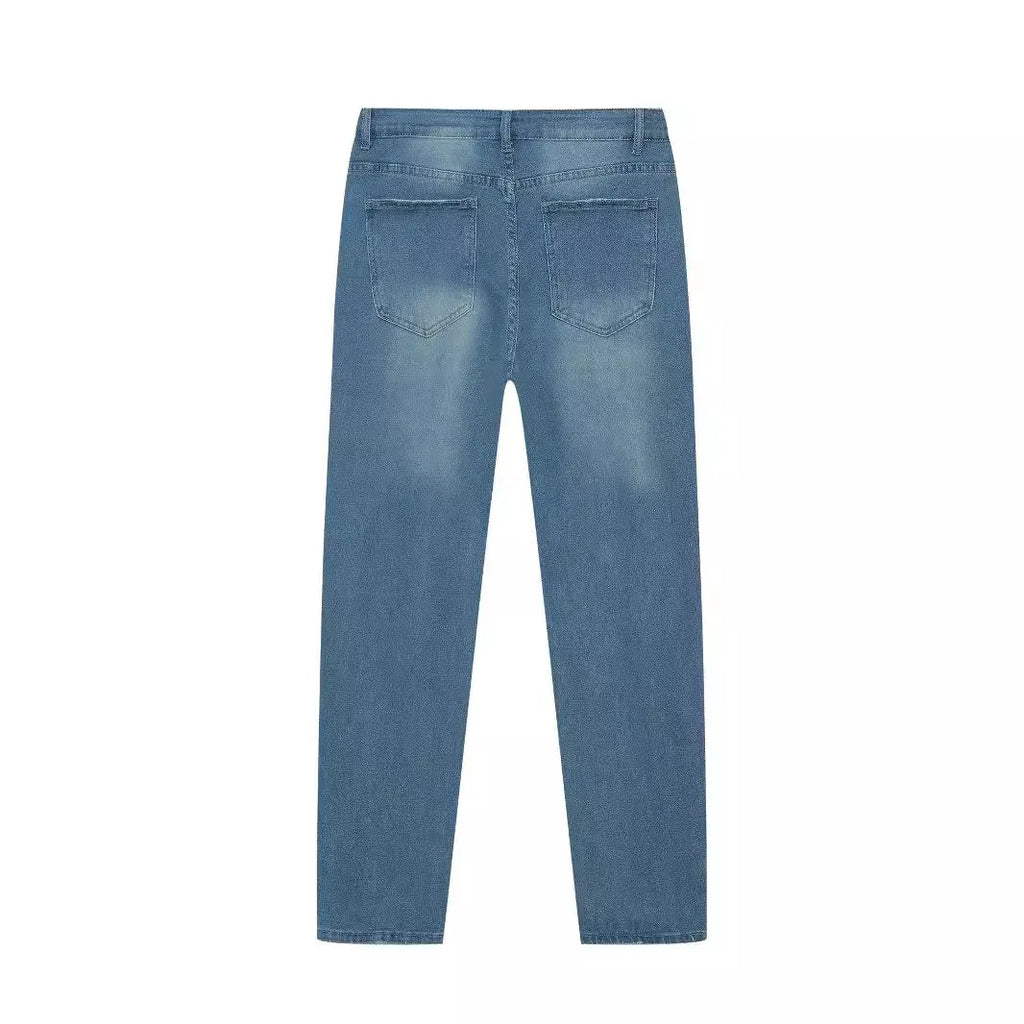 Men's blue denim skinny jeans with medium stretch, cotton fabric, side view on mannequin