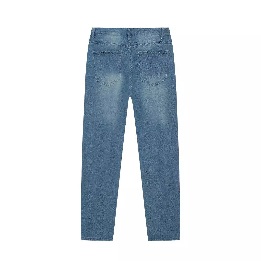 Men's blue denim skinny jeans with medium stretch, cotton fabric, side view on mannequin