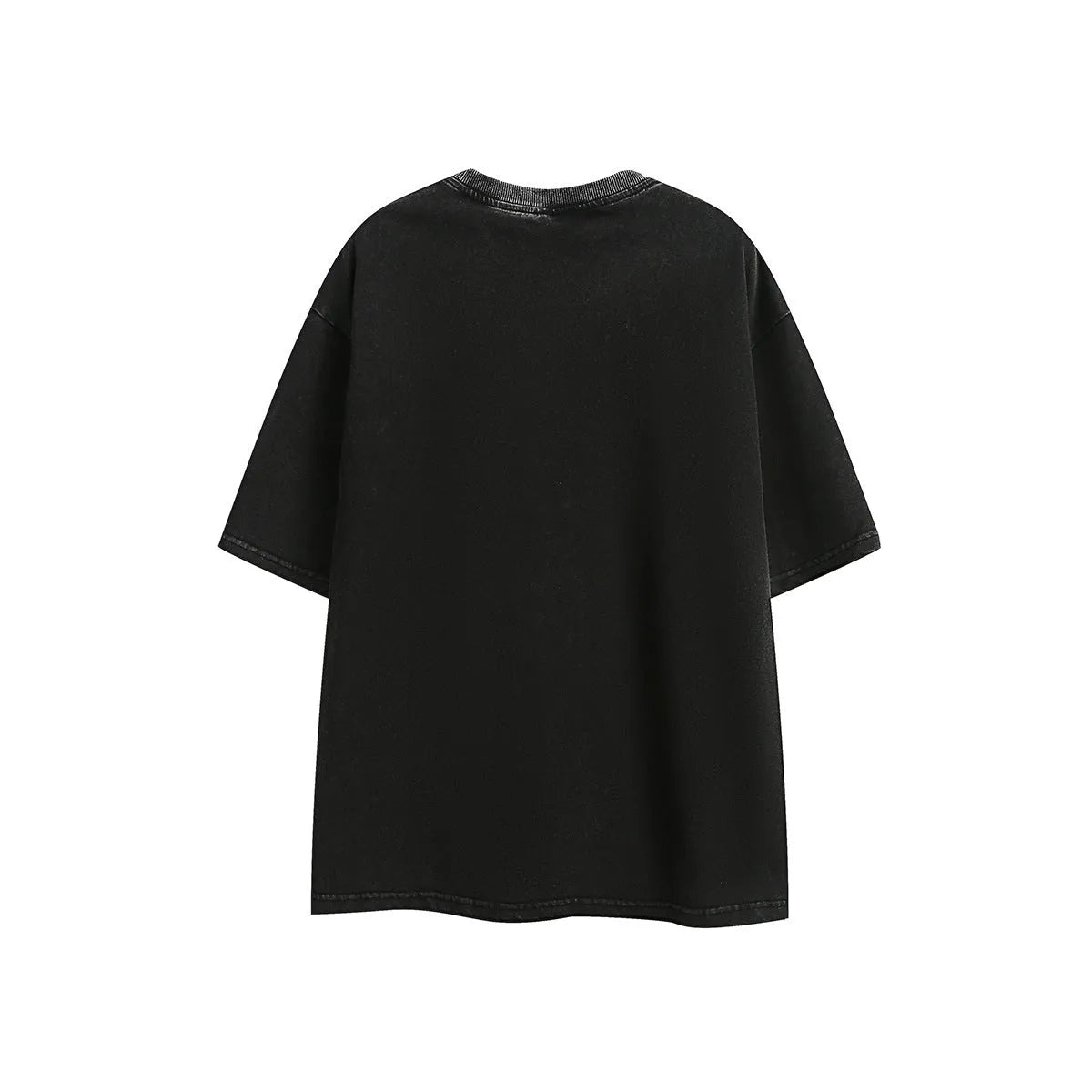 Purple and black washed cotton retro T-shirt with embroidery, shown in loose fit with half-length sleeves.