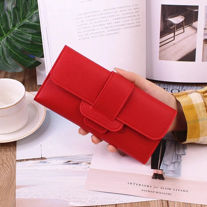Women's tri-fold large capacity wallet in solid colour, soft PU leather with sewing thread detail