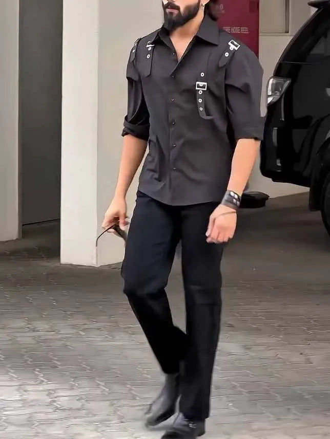 Black men's button-up shirt with regular fit on mannequin showing front button closure