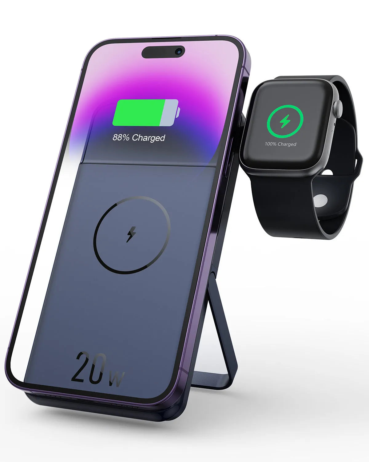 Black magnetic wireless power bank with bracket, 10000mAh capacity, industrial design