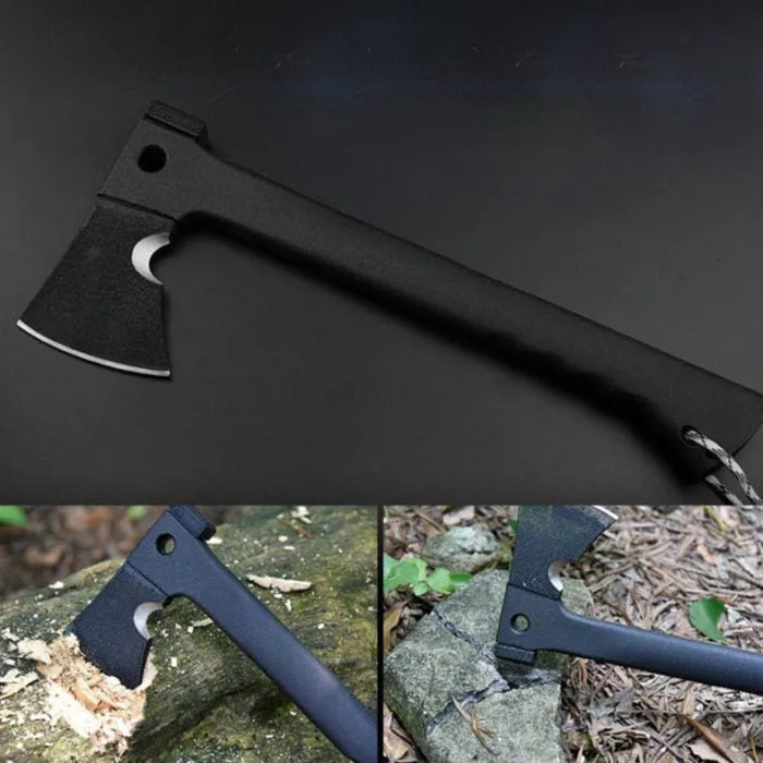 Black multifunctional outdoor survival tactical axe with stainless steel blade and K sheath, 35.3cm long, on a dark background.