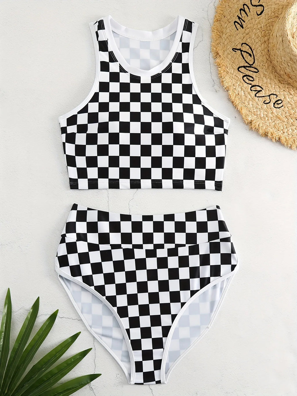 Checkered racing one-piece swimsuit with backless design and suspender straps