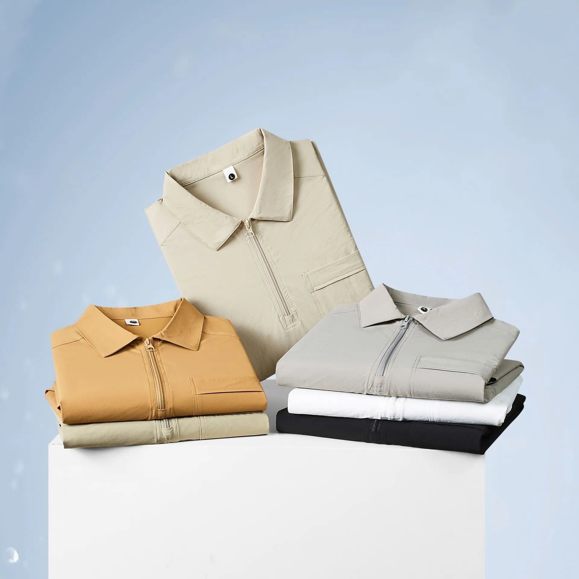 Short sleeve nylon promotional shirt with zippered pockets on the lapels, shown in Silver Fox Grey.