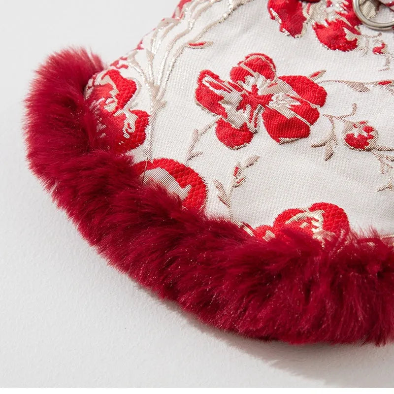 Chinese-style pet Tang Suit jacket in red with stand-up collar and fluffy trim on small dog