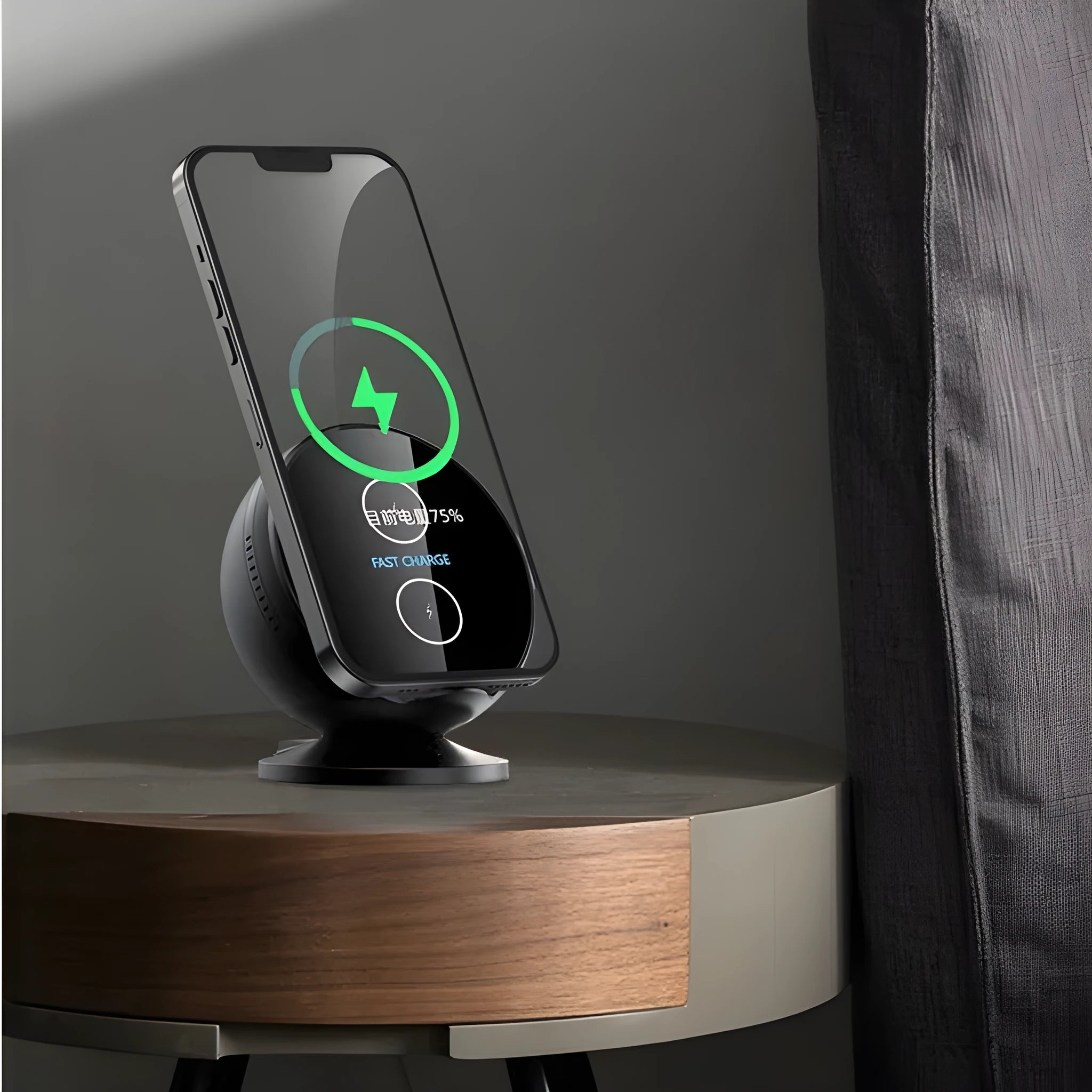 XC-11 black wireless charging phone holder with integrated Bluetooth speaker on a desk.