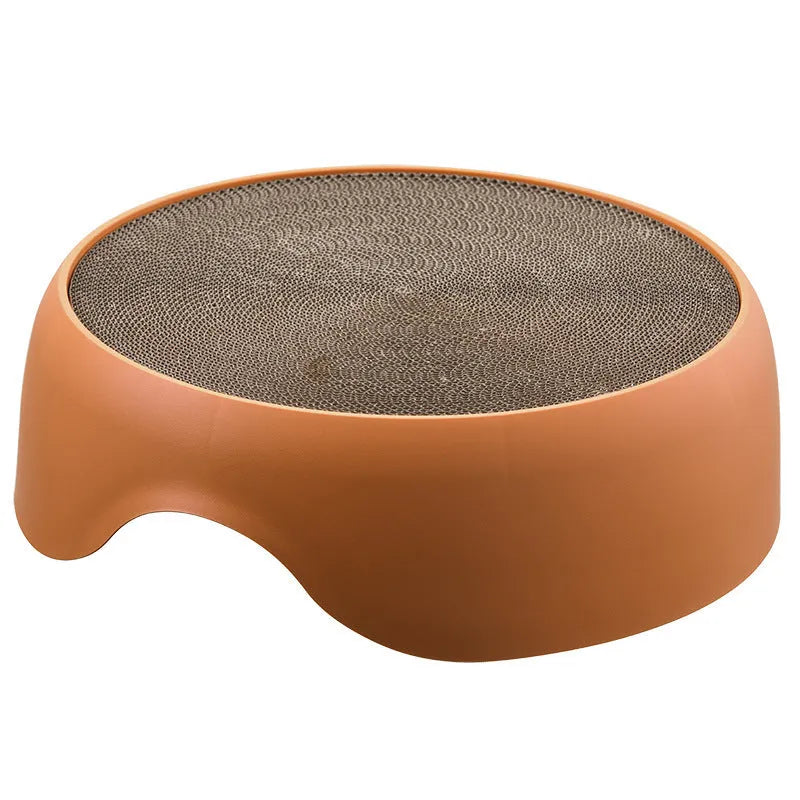 Cat nest scratching bowl with thick plush mat in blue, green, and orange for all-season use
