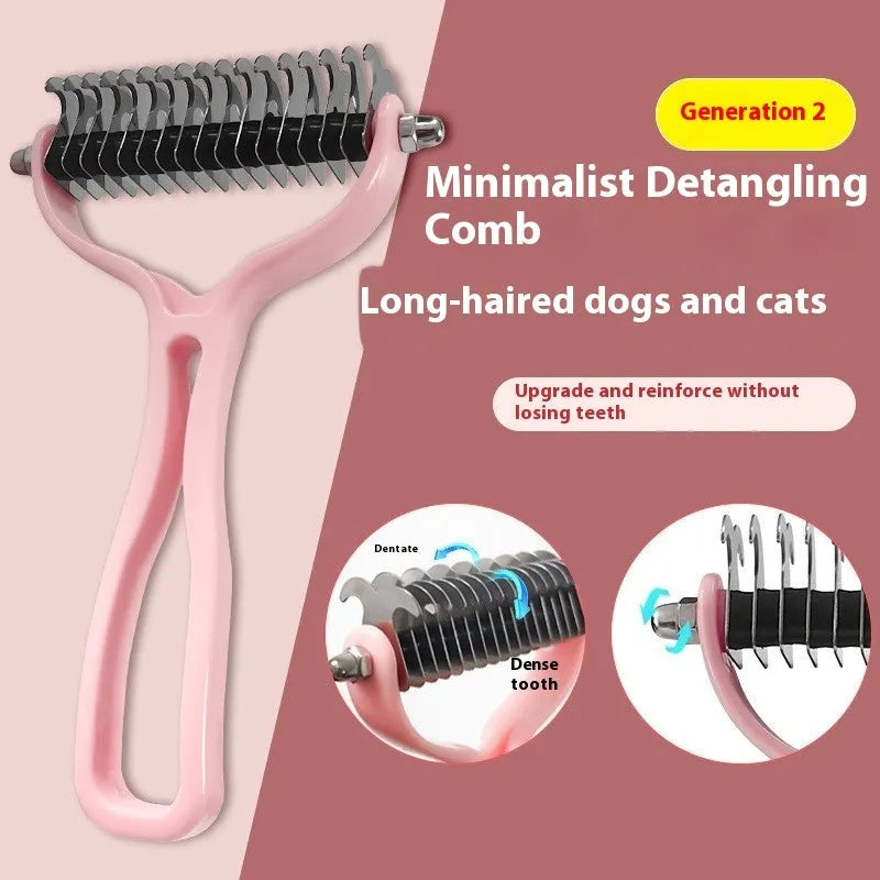 Double-sided pet fur knot cutter grooming comb with stainless steel teeth and colourful handle