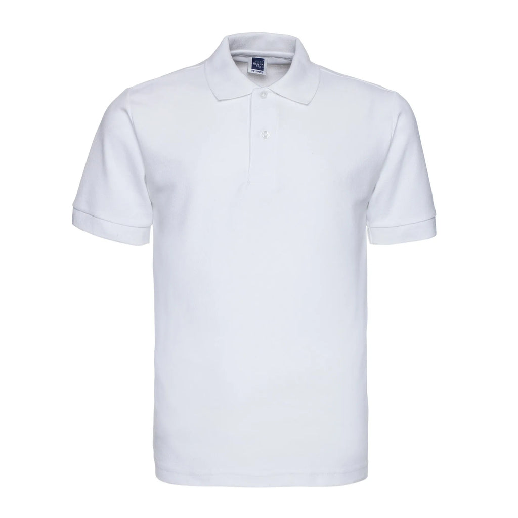 Men's solid colour short sleeve polo shirt on a hanger, showing loose fit and cotton blend fabric.