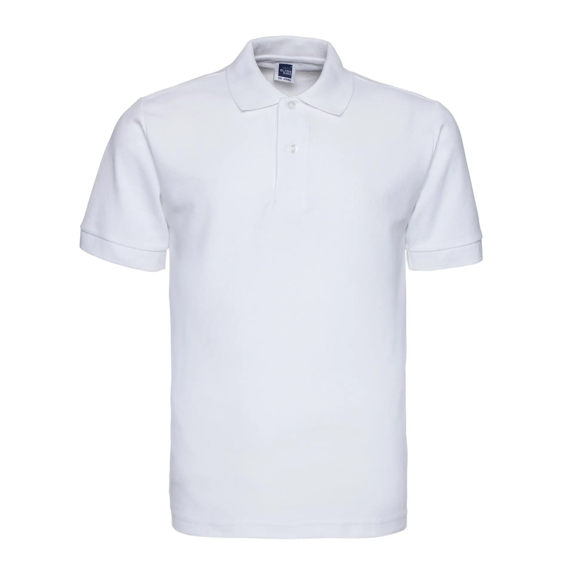 Men's solid colour short sleeve polo shirt on a hanger, showing loose fit and cotton blend fabric.