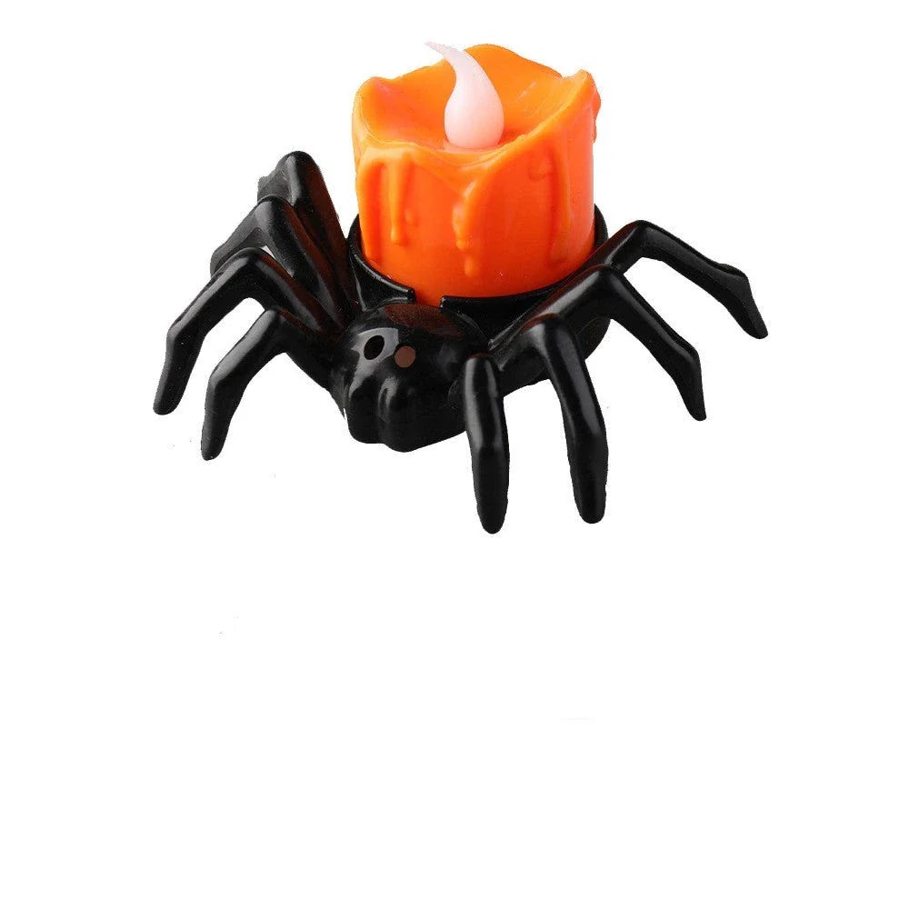 Spooky spider-themed candle holders with flickering flame effect for Halloween decor